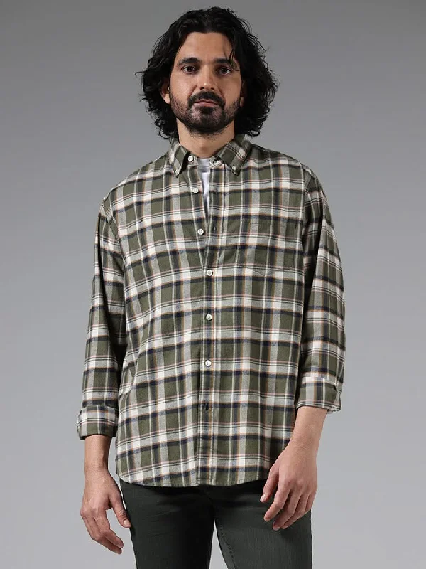Super Sale WES Casuals Olive Checked Cotton Relaxed-Fit Shirt