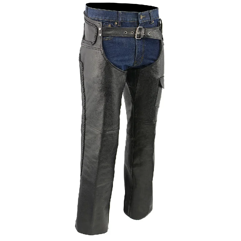 Special Price Men's XS406 Classic Black Braided Thermal Lined Leather Motorcycle Chaps with Outside Flap Pocket Special Price Men's XS406 Classic Black Braided Thermal Lined Leather Motorcycle Chaps with Outside Flap Pocket