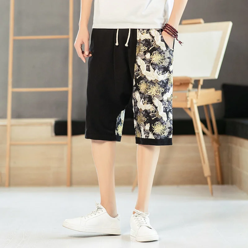Take Advantage Cranes Pattern Linen Beach Pants Loose Pants Chinese Style Shorts