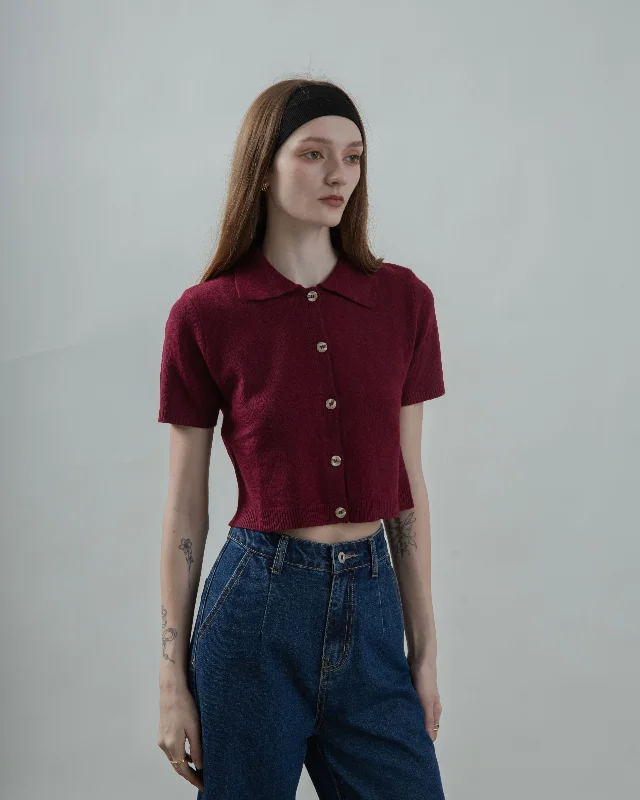 Low Price Dahlia Button Down Polo Knit Top (Maroon)