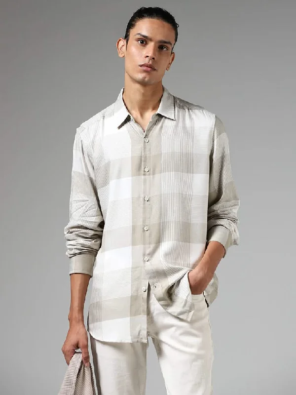 Act Fast Nuon Beige Checked Slim-Fit Shirt
