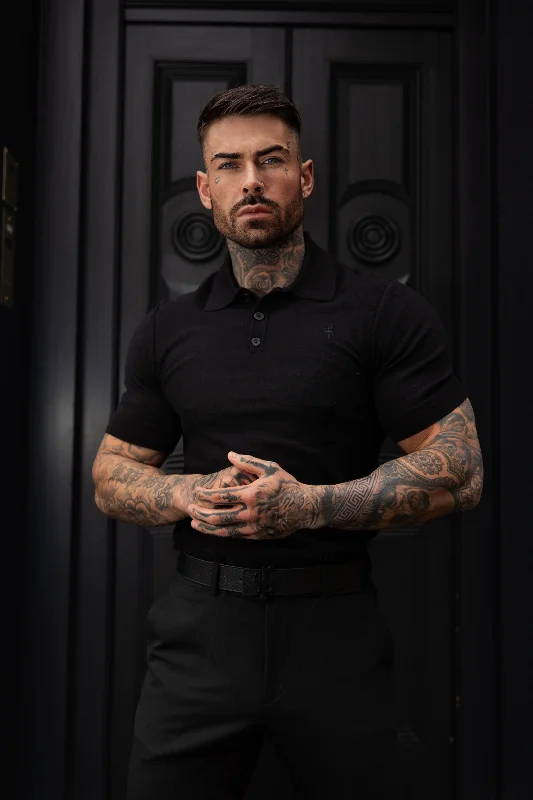 Weekend Specials to Relish Father Sons Classic Black Knitted Polo Jumper Short Sleeve With Tonal FS Embroidery- FSN143 Weekend Specials to Relish Father Sons Classic Black Knitted Polo Jumper Short Sleeve With Tonal FS Embroidery- FSN143