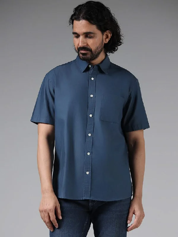 Steals and Deals WES Casuals Solid Blue Cotton Blend Relaxed-Fit Shirt