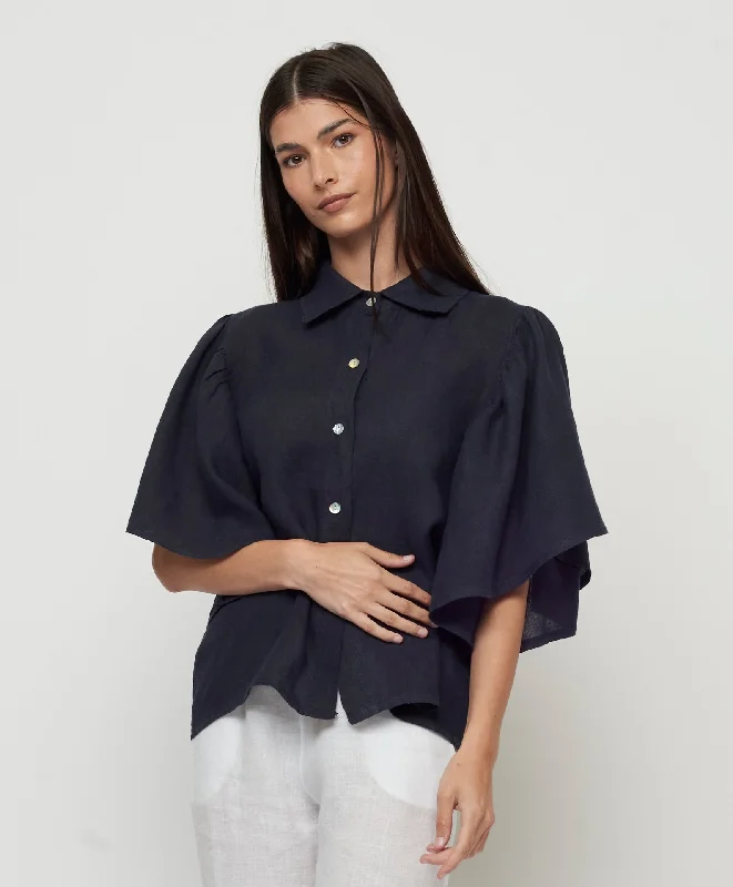 Midnight Madness RUFFLE SLEEVE LINEN BLOUSE