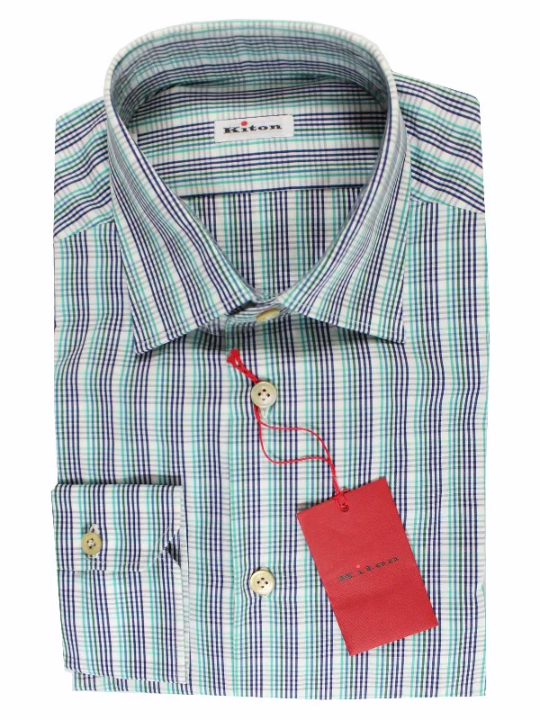 Act Now Kiton Shirt White Turquoise Green Navy Check Long Sleeve 39 - 15 1/2 FINAL SALE