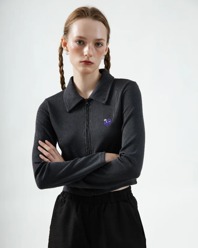 Weekend Deals That Spark Ghost-LU Embroidery Ribbed Zipper Long Sleeve Top (Dark Grey)