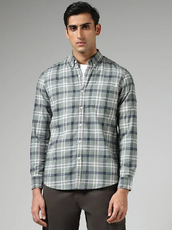Bonus Savings WES Casuals Sage Plaid Checked Cotton Relaxed-Fit Shirt