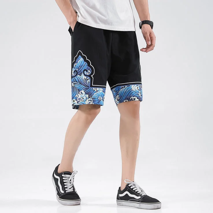 New Markdowns Sea Wave Pattern Linen Beach Pants Loose Pants Chinese Style Shorts