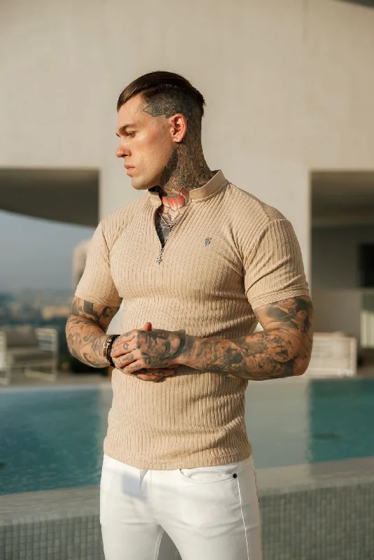 Weekend Specials to Savor Father Sons Classic Beige / Beige Ribbed Silver Zip Grandad Collar Shirt Short Sleeve - FSH916 Weekend Specials to Savor Father Sons Classic Beige / Beige Ribbed Silver Zip Grandad Collar Shirt Short Sleeve - FSH916