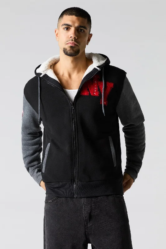 Weekend Deal Chenille Embroidered Faux Fur Lined Zip-Up Hoodie