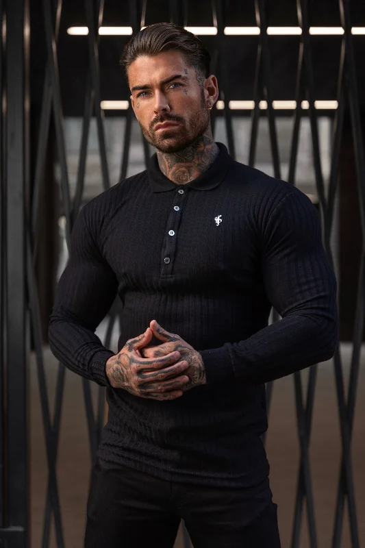 Weekend Deals That Please Father Sons Classic Black Ribbed Polo Shirt Long Sleeve With Silver Decal - FSH967 Weekend Deals That Please Father Sons Classic Black Ribbed Polo Shirt Long Sleeve With Silver Decal - FSH967
