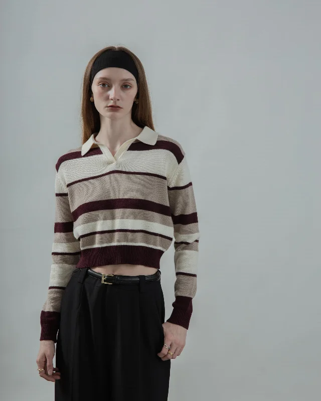 Value Deals V Neck Collared Long Sleeve Knit Top (Maroon Stripes)