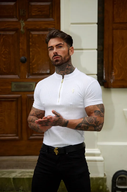 Midnight Madness Father Sons Classic White / White Ribbed Gold Zip Grandad Collar Shirt Short Sleeve - FSH915 Midnight Madness Father Sons Classic White / White Ribbed Gold Zip Grandad Collar Shirt Short Sleeve - FSH915