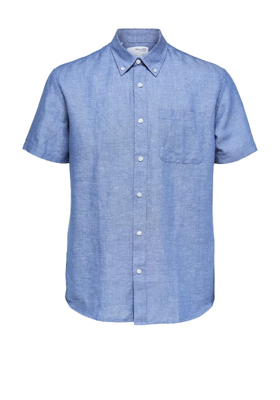 Unmissable Offer Selected Homme Rick Linen Short Sleeve Shirt, Medium Blue Denim
