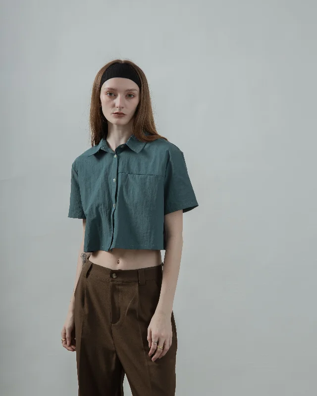 Weekend Savings Sensation Box Cut Crinkle Cropped Shirt (Teal Green)