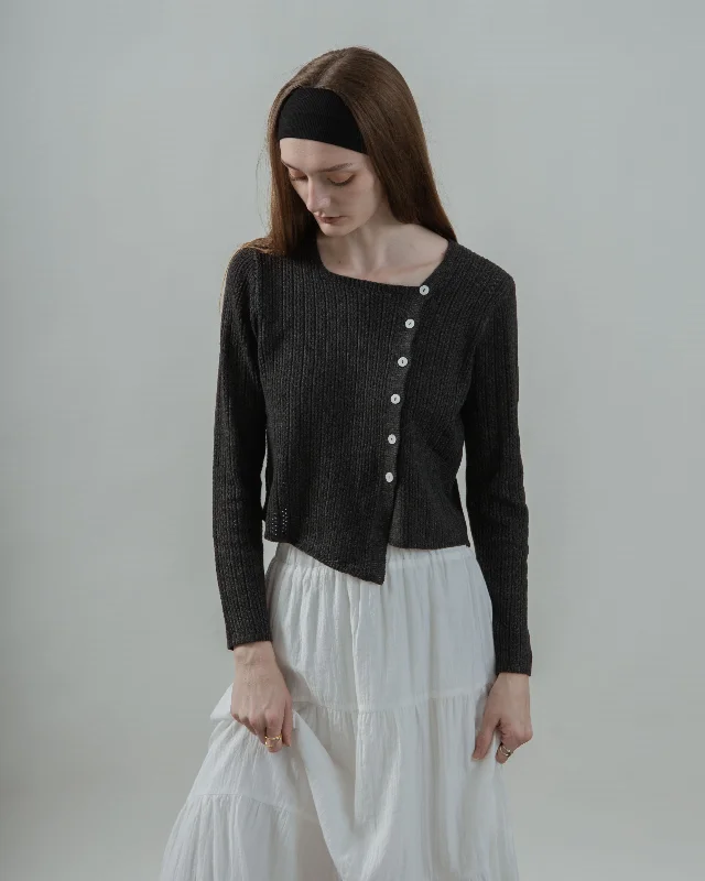 Weekend Savings Spectacular Celine Side Button Down Hollow Knit Top (Grey)