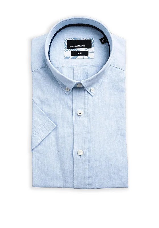 Can't Be Beat Remus Uomo Ashton Linen Blend Short Sleeve Shirt, Light Blue
