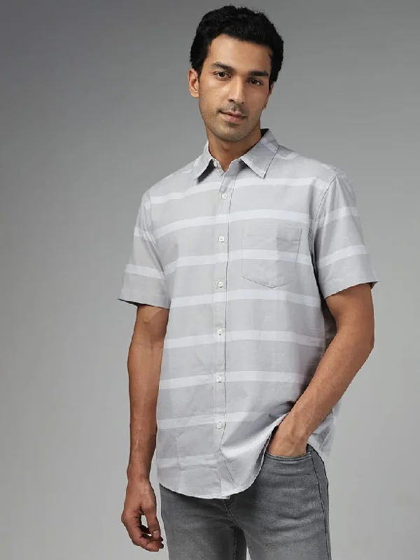 Deal Alert WES Casuals Light Grey Striped Cotton Relaxed-Fit Shirt
