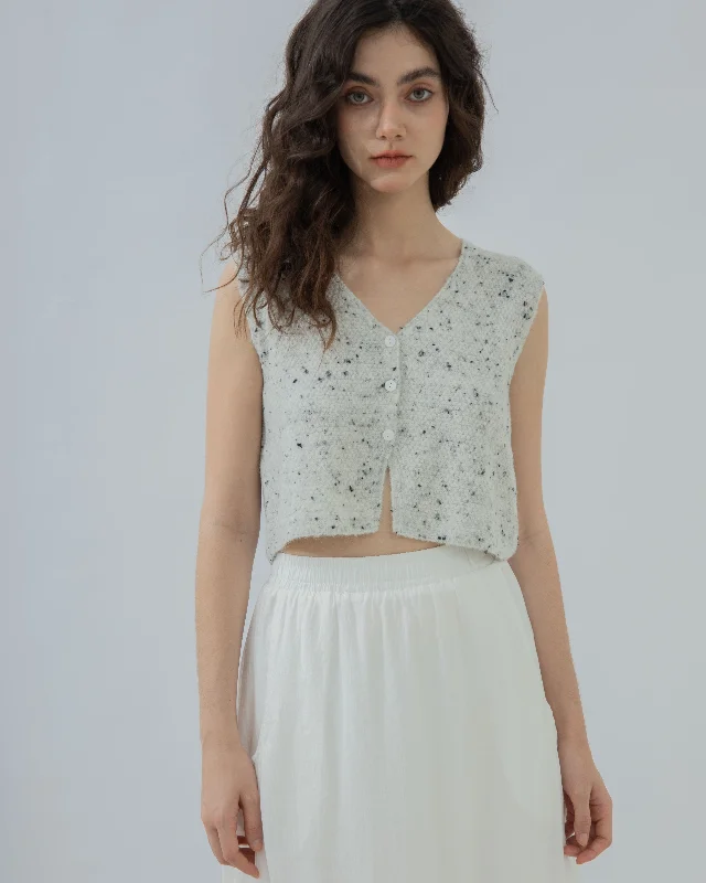 Weekend Savings Fiesta V Neck Button Down Crop Knit Top (White Mix)