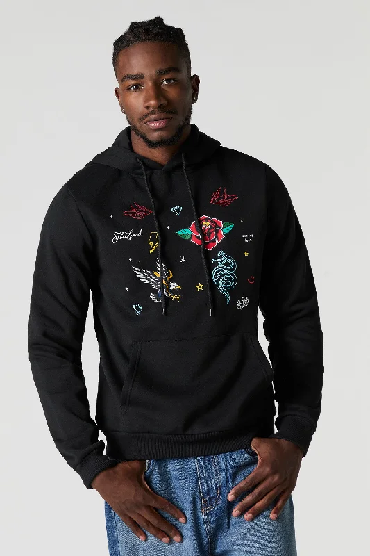 Midnight Sale Traditional Tattoo Embroidered Fleece Hoodie