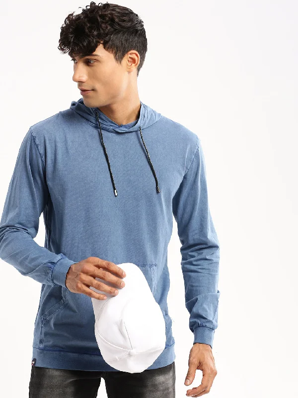 Quick Sale Men Blue Hooded Solid Pullover