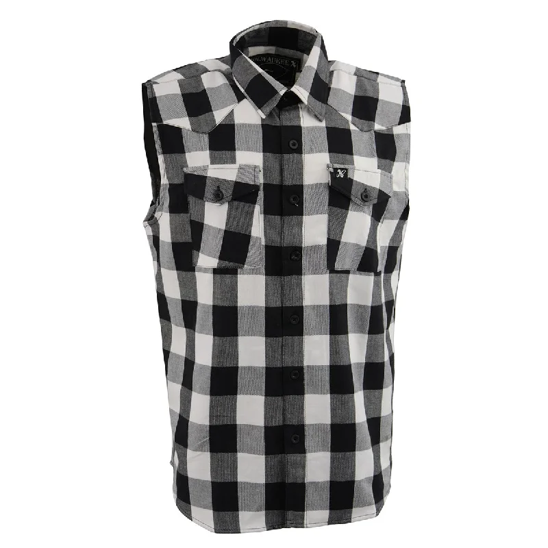 Steal Deal Milwaukee Leather MPM1647 Men’s Classic Black and White Button-Down Flannel Cut Off Sleeveless Casual Shirt