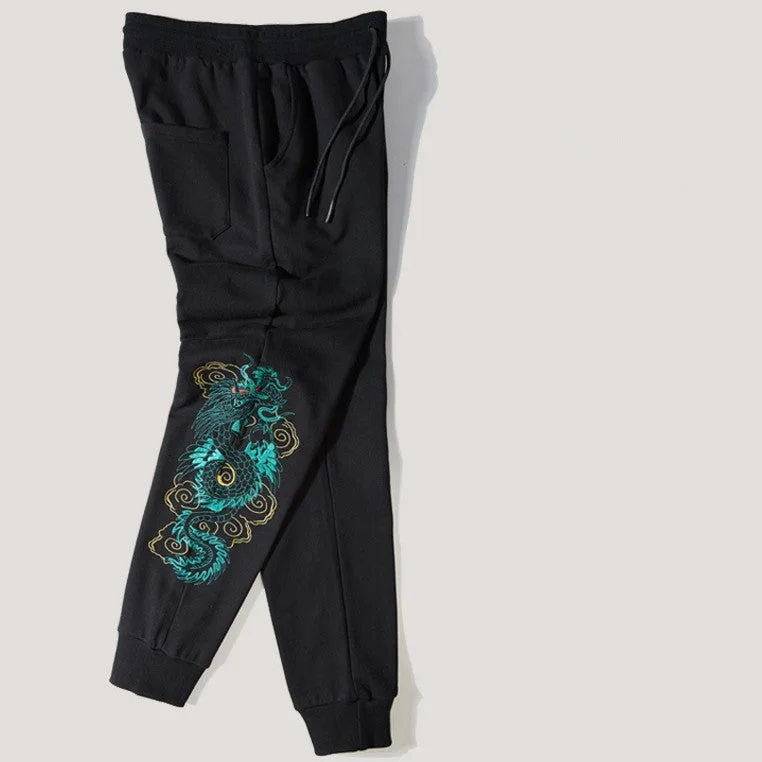 Overstock Dragon Embroidery Beach Pants Loose Pants Chinese Style Casual Pants