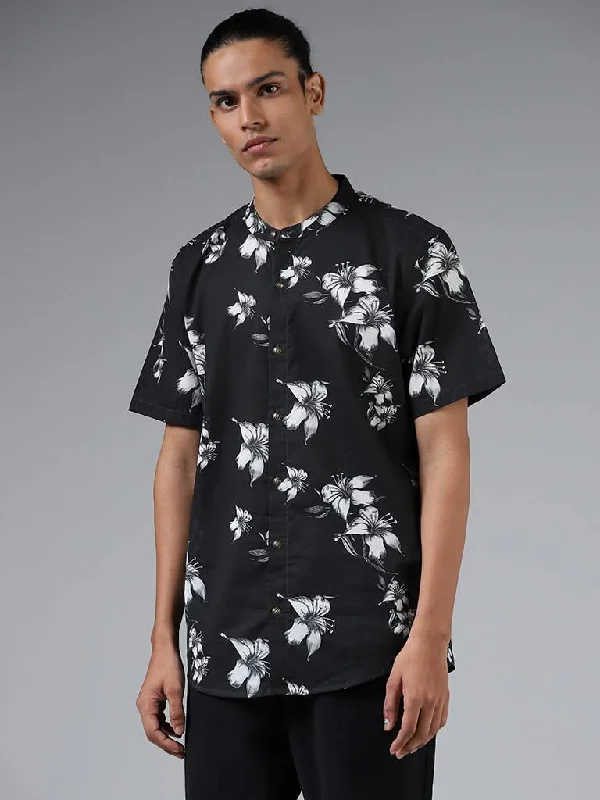 Holiday Sale ETA Black Floral Printed Cotton Resort-Fit Shirt
