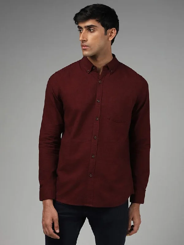 Lowest Rates WES Casuals Wine Pin Checked Cotton Slim-Fit Shirt
