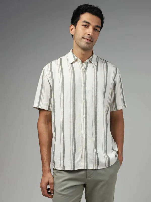 Hurry Up Ascot Striped Relaxed-Fit Off White Blended Linen Shirt