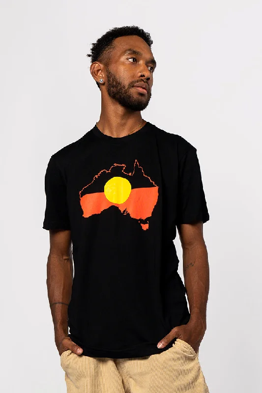 Final Clearance "Raise the Flag" Aboriginal Flag (Australia) Black Cotton Crew Neck Unisex T-Shirt
