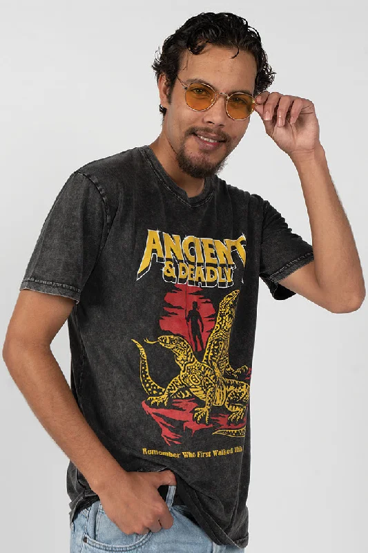 Limited Availability Ancient & Deadly Black Stone Wash Cotton Crew Neck Unisex T-Shirt