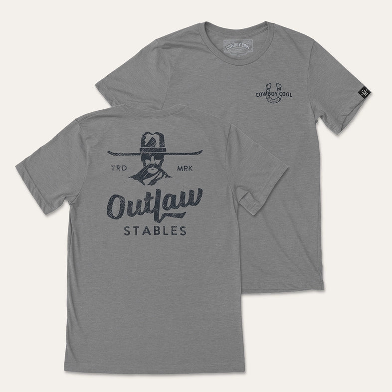 Blowout Sale Cowboy Cool "Outlaw Stables" Graphic Tee in Deep Heather