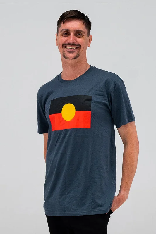 Savings Event "Raise The Flag" Aboriginal Flag (Large) Petrol Blue Cotton Crew Neck Unisex T-Shirt