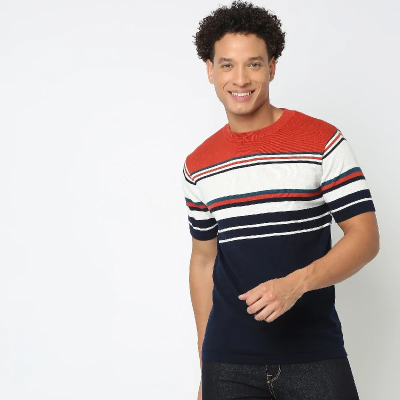 Deal Mania Regular Fit Striped Flatknits T-Shirt
